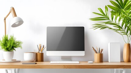 Minimalist Home Office Workspace with Plants and Desktop Computer.
