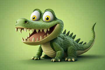 Fototapeta premium A cute, cartoon crocodile with a big smile and large eyes is sitting on a green background.