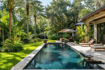Fototapeta premium Beautiful backyard with pool, tropical plants, and patio in Lakeetown, Florida on a sunny day, featuring a panoramic view and garden landscape design.
