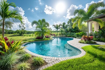 Beautiful backyard with pool, tropical plants, and patio in Lakeetown, Florida on a sunny day, featuring a panoramic view and garden landscape design.