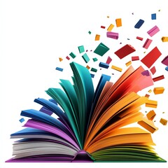 Open book with colorful pages and flying pages, knowledge, learning, education concept.