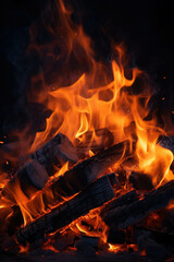 Campfire Blaze: A mesmerizing close-up of a crackling campfire, flames dancing in the night. Warmth, light, and a sense of connection are evoked, perfect for evoking a cozy atmosphere. 