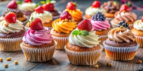 Close up of delicious freshly baked cakes and cupcakes