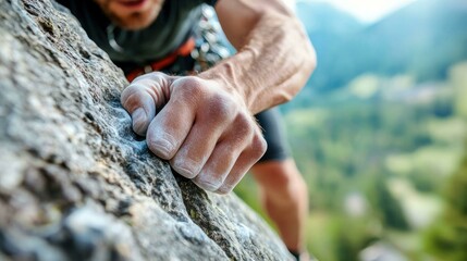 A captivating close-up shot captures the intense grip of a climber's forearm muscles as they cling to the rock, showcasing the intricate veins and the tension of their effort.
