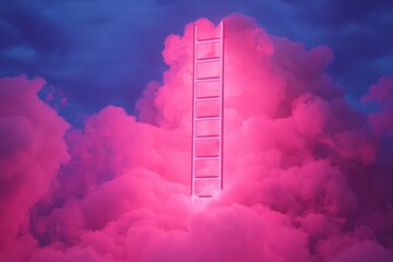 A neon pink ladder piercing through a cloud formation, blending surrealism with pop art to...