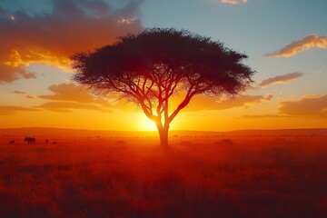 A dramatic sunset over a vast savannah with silhouettes of acacia trees and wildlife in the distance