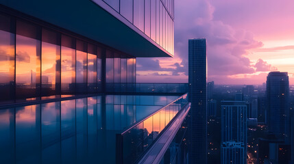 High-rise glass building with rooftop pool at dusk time.
