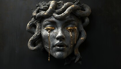 A 3D rendering of a Medusa sculpture with golden tears.