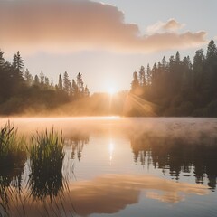 Fototapeta premium sunrise, tranquil, lake, peaceful, morning, reflection, calm, water, serene, landscape, nature, dawn, picturesque, misty, scenic, warm colors, golden hour, outdoor, natural beauty, sunrise reflection,