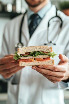 A doctor in a white coat holds a fresh BLT sandwich with lettuce, tomato, and bacon, symbolizing healthy eating choices.