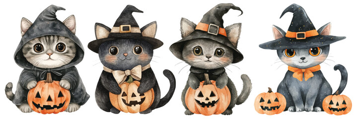 Fototapeta premium Watercolor Cute Cat Wearing Halloween Costume on White Background. Illustration