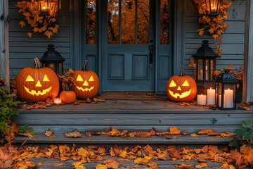 Obraz premium Festive Halloween porch with glowing jack-o-lanterns, candles, and autumn leaves creating a cozy atmosphere