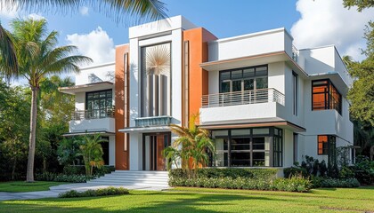 Modern white and orange two-story house with palm trees and lush green lawn.