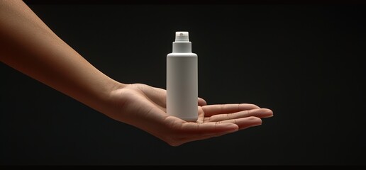 A hand holding a white spray bottle against a black background. The bottle is empty, ready for your design.