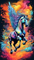 A majestic Pegasus emerges from cloud of swirling smoke, its wings spread wide as it takes flight.