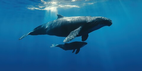 Fototapeta premium A mother whale raising her young in the ocean as sunlight rays pierce the surface of the water