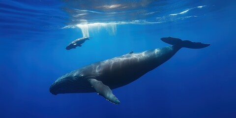 Obraz premium A mother whale raising her young in the ocean as sunlight rays pierce the surface of the water