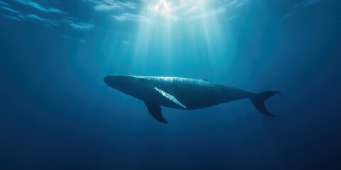 Obraz premium A whale swimming under the ocean with sunlight shafts making their way in the water 