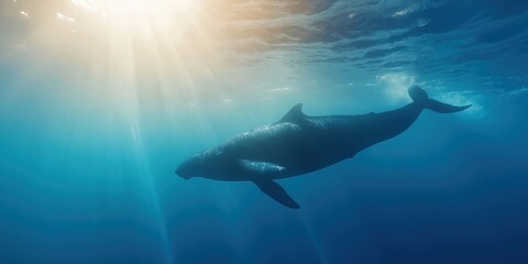 Naklejka premium A whale swimming under the ocean with sunlight shafts making their way in the water 