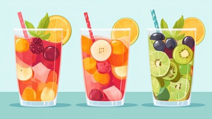 Three glasses of refreshing fruit infused drinks with straws, garnished with fruit slices and mint.