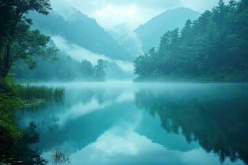 A peaceful early morning fog rolling over a serene lake with surrounding forested hills