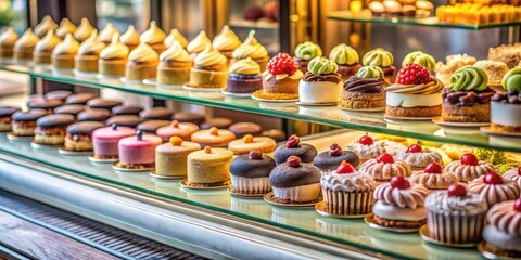 Decadent dessert display in bakery window featuring handcrafted sweet creations, tempting passersby with delectable treats