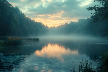 A peaceful misty morning landscape with soft light and muted colors evoking a sense of calm and renewal