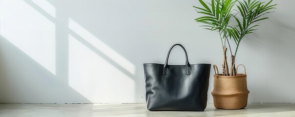 Classic leather tote bag, white background, fashion accessory