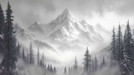 Un paysage hivernal avec une for&ecirc;t enneig&eacute;e, des montagnes, et un ciel froid. La neige recouvre les arbres, cr&eacute;ant un d&eacute;cor blanc et gel&eacute;.