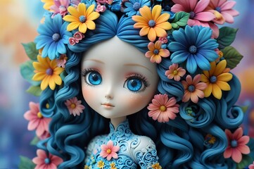 Cute little 3D doll in children's cartoon style, animated fantasy. Artistic background. Art illustration. Book illustration. Cartoon stylized illustrated art.