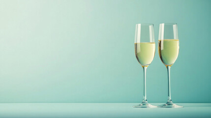 Fototapeta premium Two champagne glasses with golden liquid on light teal background