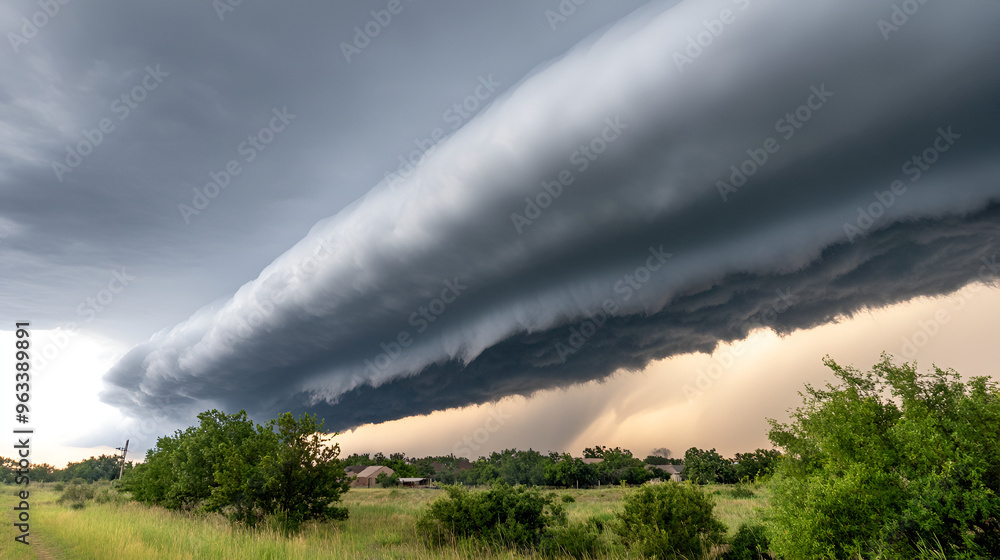 Poster Dramatic Storm Clouds Over Green Field, Dramatic Weather, Nature Photography