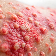 Psoriasis, psoriatic skin disease is red, itchy, and scaly, macro with narrow focus  on white baskground