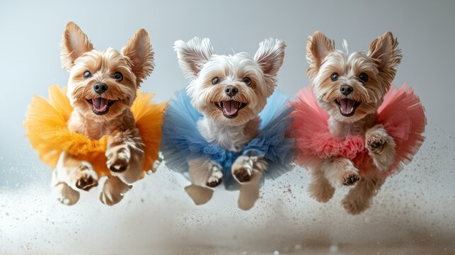 Three Adorable Dogs Jumping in Tutus - Playful Pets in Colorful Dresses