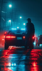 A police officer stands near patrol cars on a misty street at night, with blue and red lights reflecting on the wet road, creating a tense atmosphere of a potential crime scene