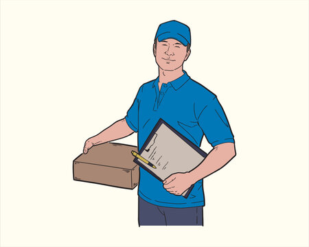 recommend clip art: Illustration of delivery man carrying package box wearing blue shirt. Flat color vector.