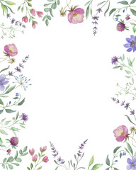 Watercolor floral frame with clover, eucalypt, lavender. Vector EPS.