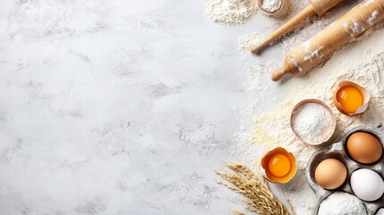 The history of baking at the table with light stones. flour, sugar, eggs, and rolling pin. Top view with copy space