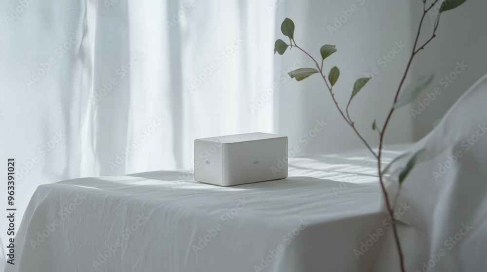 Poster white box on a white surface with a branch and leaves