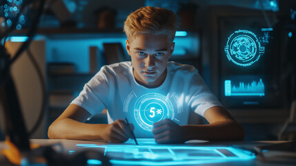 An 18-year-old blond-haired boy sitting at a futuristic desk, getting ready for exams.







