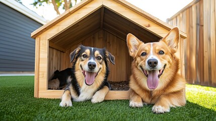 Large Wooden Pet House for Multiple Pets, spacious layout, grassy backyard, natural shade, two happy dogs, family-friendly design