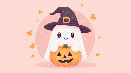 Fototapeta premium Cute adorable ghost wearing witch hat with Halloween Jack-o-lantern pumpkin on pastel pink background