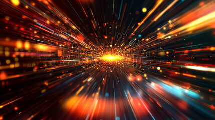 Naklejka premium Dynamic Red and Yellow Glowing Rays on Black Background, Flexible Connection fiber optic. Space digital speed.