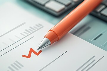 A Red Checkmark on a Bank Statement, Signifying Completion and Financial Success.  A Pen Lies Nearby, Ready for Further Action.