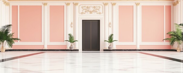 Fototapeta premium Elegant entrance with a double door, pink walls, and marble floor