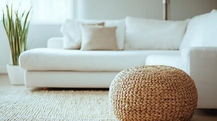 A minimalist living room highlighted by a wicker and fabric pouf near a white corner sofa.