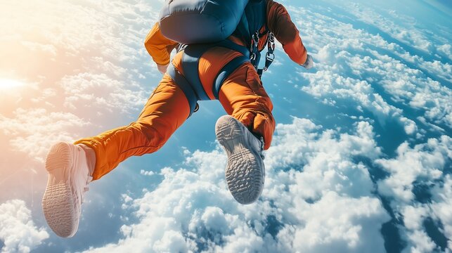 A close-up of a person skydiving, just as they jump out of an airplane. The scene captures the intense moment of freefall.