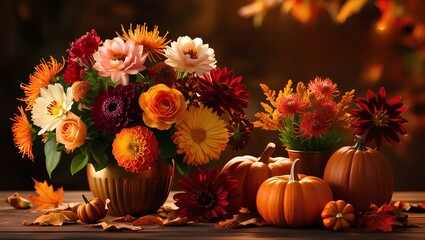 Obraz premium Stunning October Flowers with Warm Autumn Tones, Fall Foliage, and Wooden Background