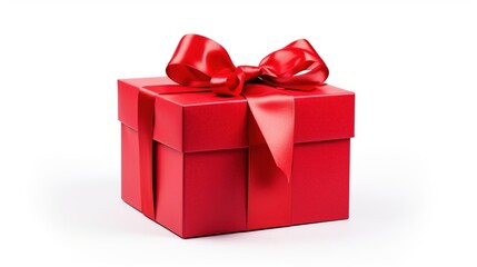 Obraz premium Red color gift box with red ribbon isolated on white background