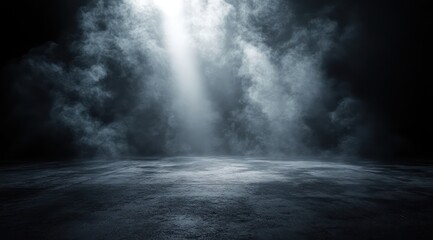 Dark background with a spotlight on an empty concrete floor, mist, and smoke.